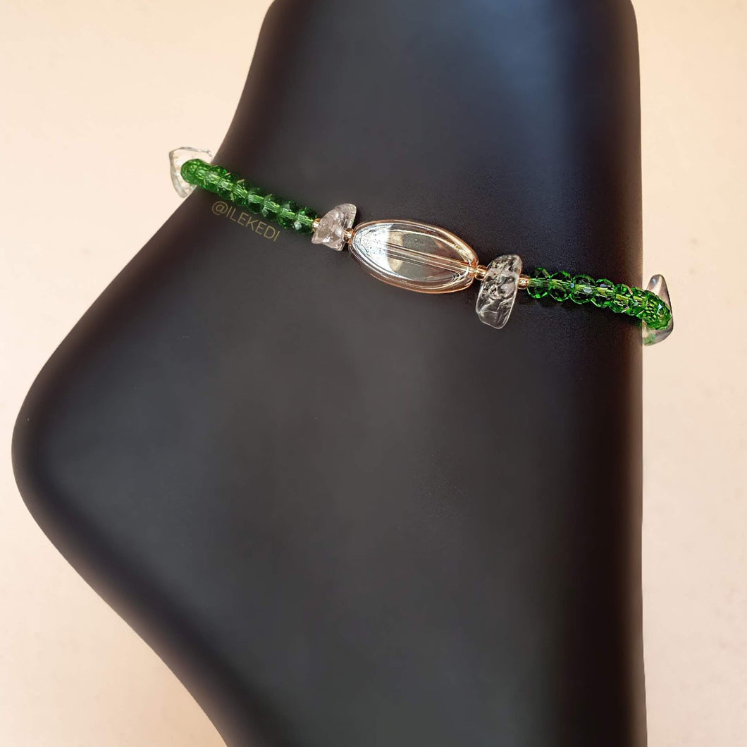Emerald green anklet  with champagne candy accent and quartz chips