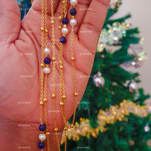 Gold Waist Chain With Pearl & Lapis Lazuli